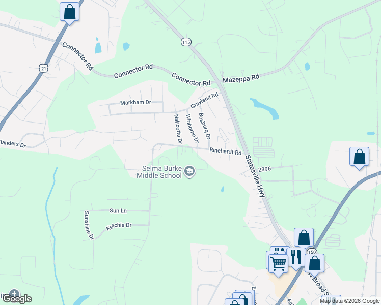 map of restaurants, bars, coffee shops, grocery stores, and more near 171 Rinehardt Road in Mooresville