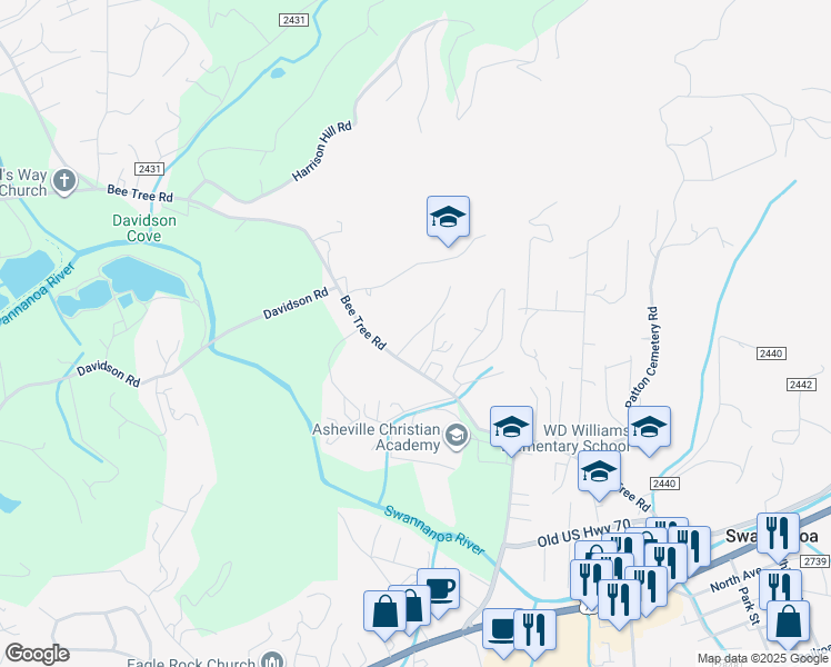 map of restaurants, bars, coffee shops, grocery stores, and more near 15 Humming Bear Lane in Swannanoa