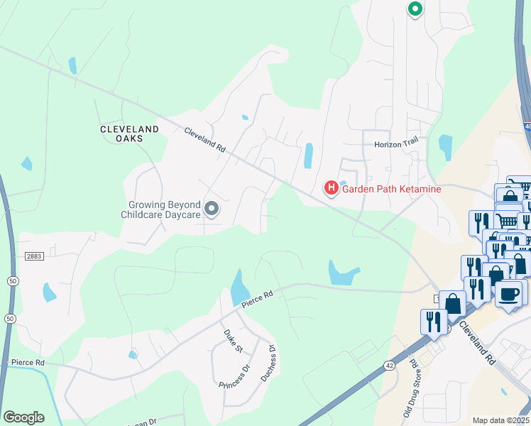map of restaurants, bars, coffee shops, grocery stores, and more near 121 Polaris Avenue in Garner