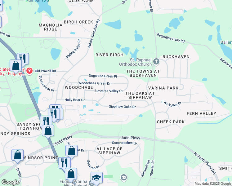 map of restaurants, bars, coffee shops, grocery stores, and more near 520 Birchtree Valley Court in Fuquay Varina