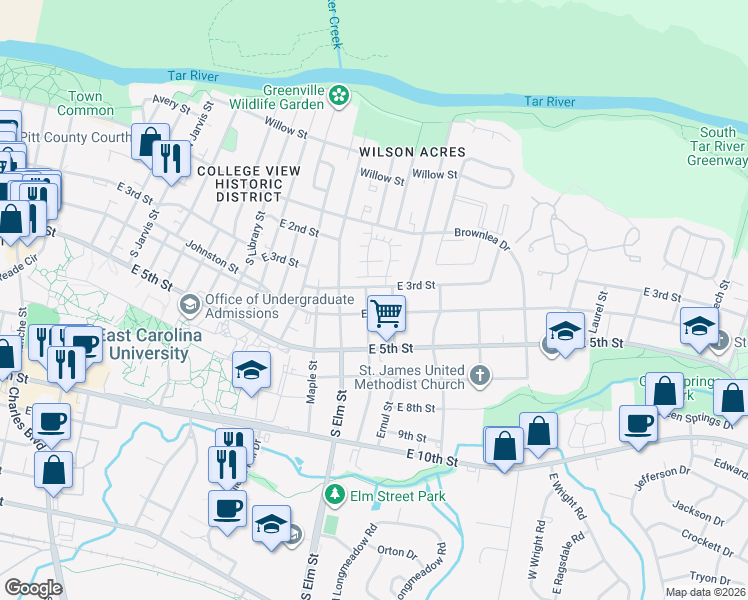 map of restaurants, bars, coffee shops, grocery stores, and more near 1804 East 3rd Street in Greenville