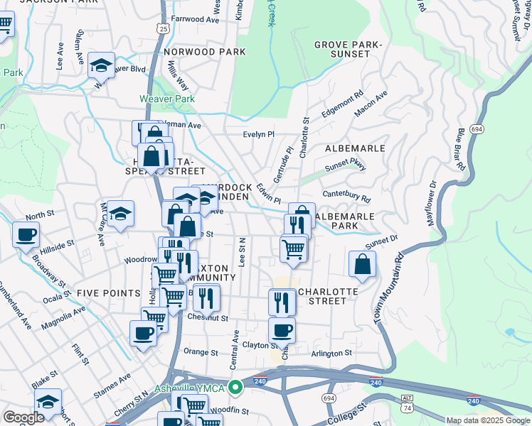 map of restaurants, bars, coffee shops, grocery stores, and more near 35 Murdock Avenue in Asheville