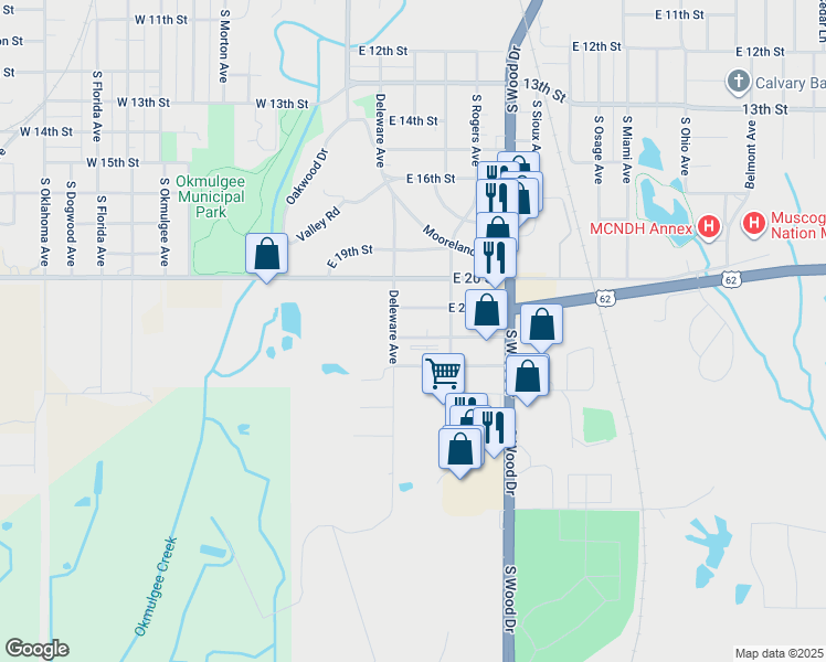map of restaurants, bars, coffee shops, grocery stores, and more near 505 East 22nd Street in Okmulgee