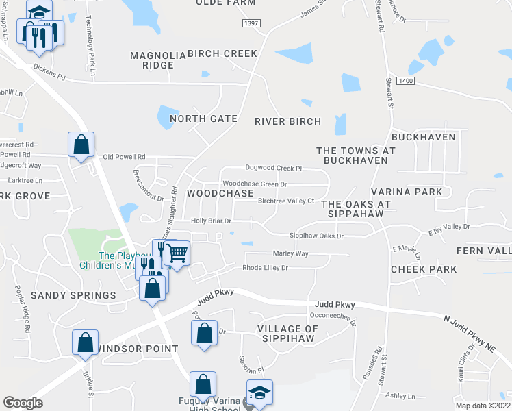 map of restaurants, bars, coffee shops, grocery stores, and more near 416 Birchtree Valley Court in Fuquay-Varina