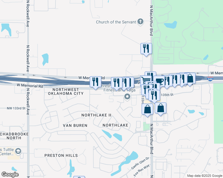 map of restaurants, bars, coffee shops, grocery stores, and more near 6300 West Memorial Road in Oklahoma City