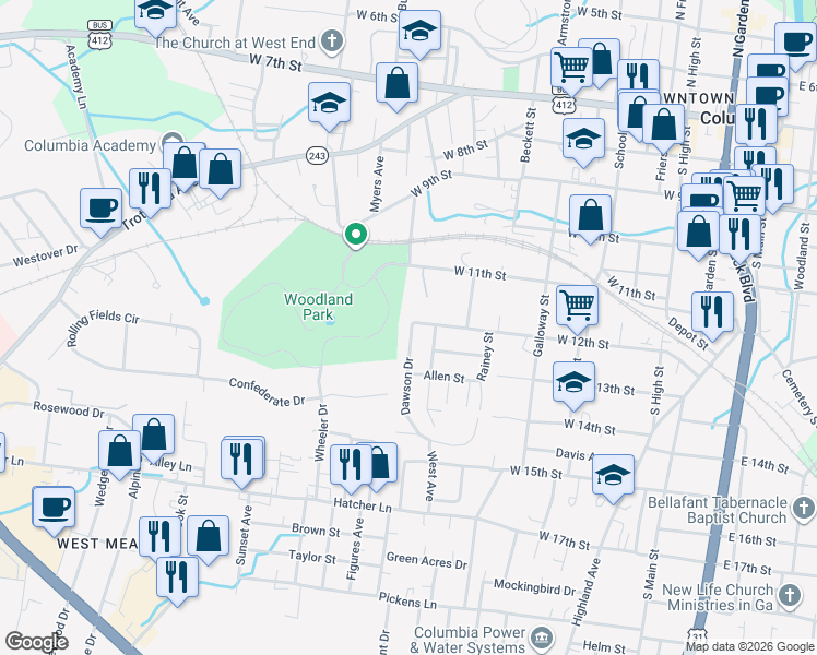 map of restaurants, bars, coffee shops, grocery stores, and more near 102 Dawson Drive in Columbia