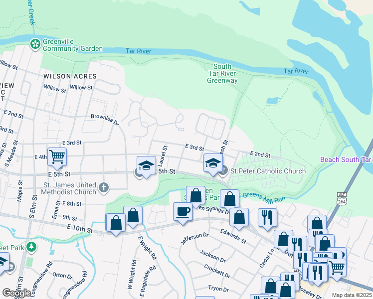 map of restaurants, bars, coffee shops, grocery stores, and more near 2505A East 3rd Street in Greenville