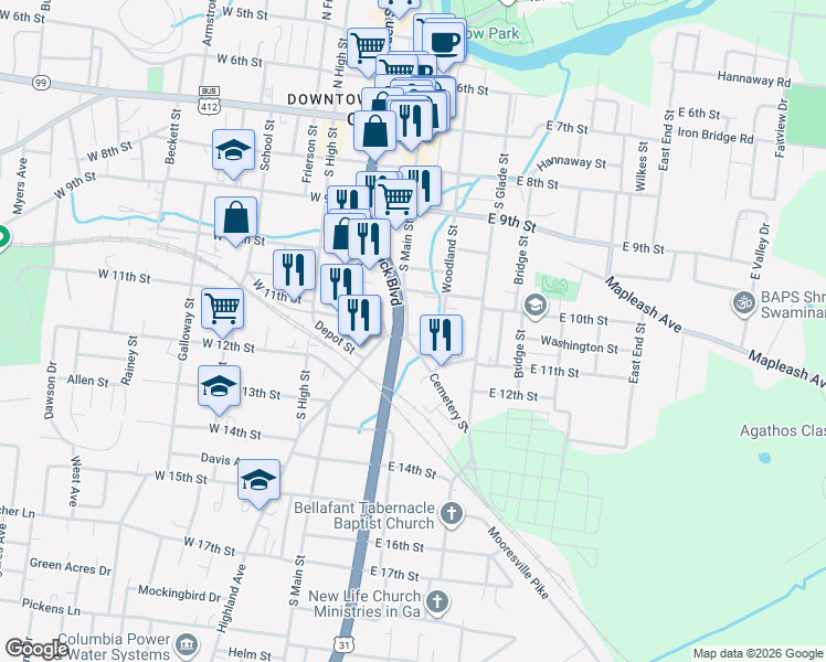 map of restaurants, bars, coffee shops, grocery stores, and more near 1119 South Main Street in Columbia