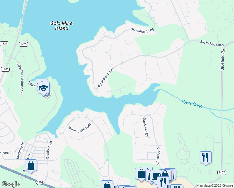map of restaurants, bars, coffee shops, grocery stores, and more near 136 McInnis Road in Mooresville