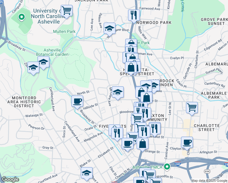 map of restaurants, bars, coffee shops, grocery stores, and more near 144 Mount Clare Avenue in Asheville