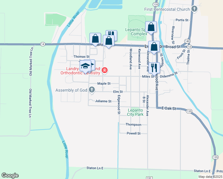 map of restaurants, bars, coffee shops, grocery stores, and more near 550 Elm Street in Lepanto
