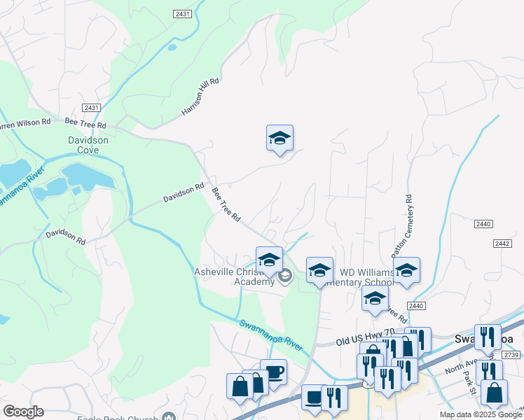 map of restaurants, bars, coffee shops, grocery stores, and more near 15 Humming Bear Lane in Swannanoa