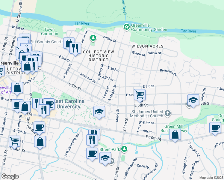 map of restaurants, bars, coffee shops, grocery stores, and more near 1407 East 4th Street in Greenville