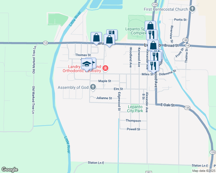 map of restaurants, bars, coffee shops, grocery stores, and more near 550 Elm Street in Lepanto