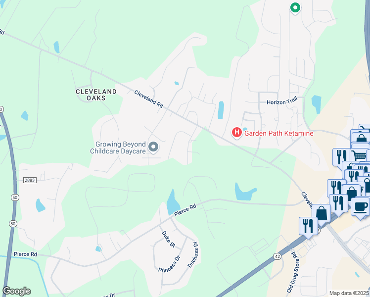 map of restaurants, bars, coffee shops, grocery stores, and more near 120 Polaris Avenue in Garner