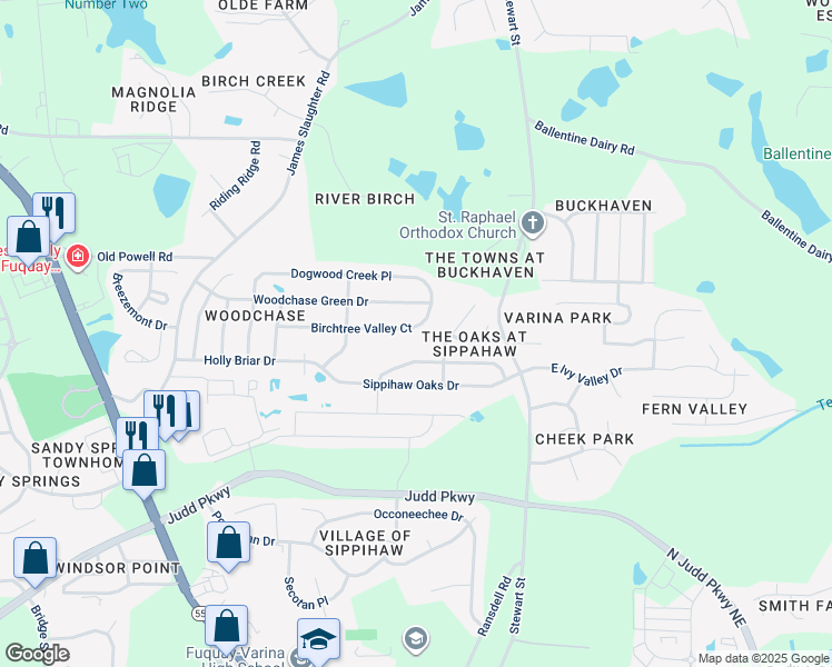 map of restaurants, bars, coffee shops, grocery stores, and more near 538 Birchtree Valley Court in Fuquay-Varina