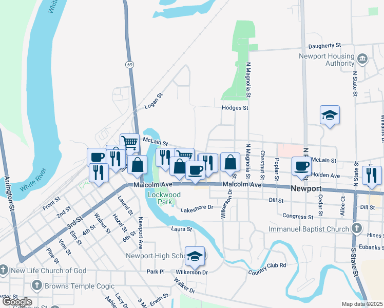 map of restaurants, bars, coffee shops, grocery stores, and more near Shelby Street in Newport