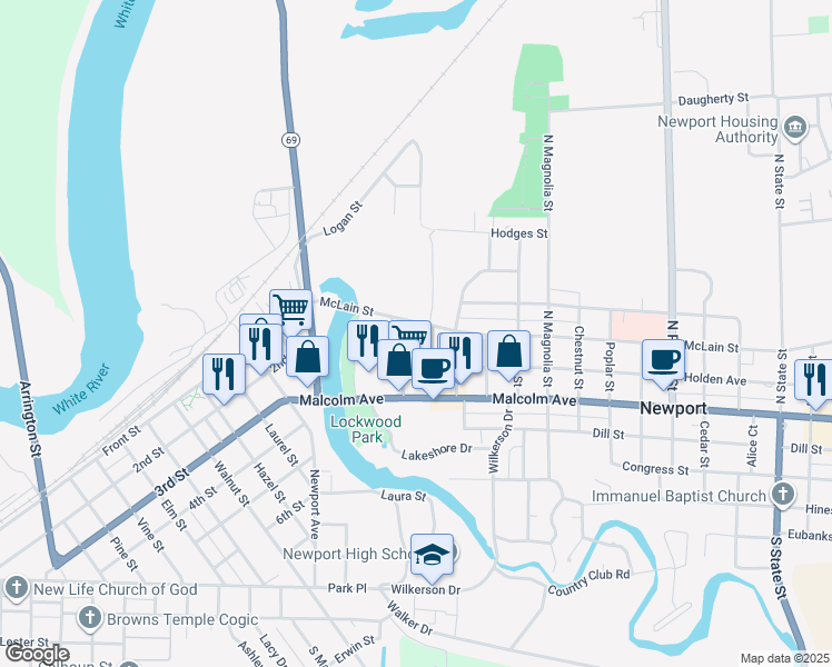 map of restaurants, bars, coffee shops, grocery stores, and more near Shelby Street in Newport