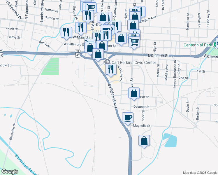 map of restaurants, bars, coffee shops, grocery stores, and more near 515 South Highland Avenue in Jackson