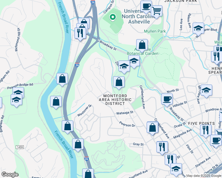 map of restaurants, bars, coffee shops, grocery stores, and more near 1900 Bulldog Drive in Asheville