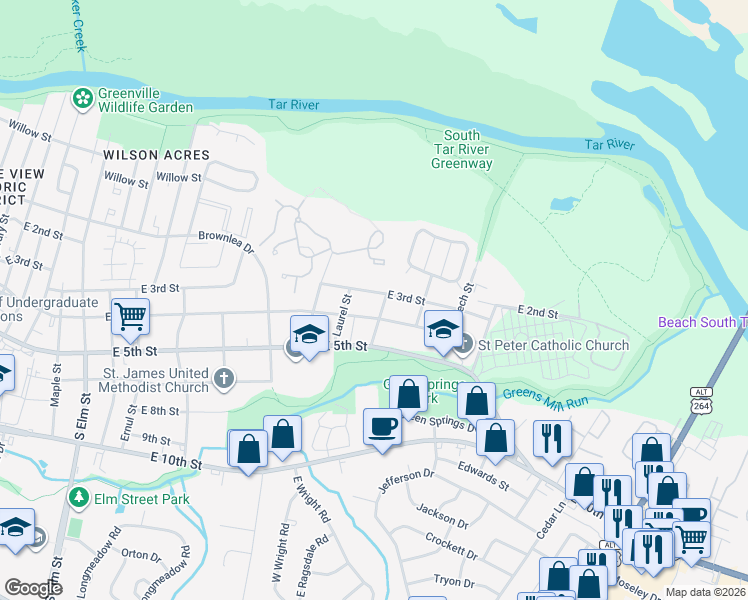 map of restaurants, bars, coffee shops, grocery stores, and more near 2406 East 3rd Street in Greenville