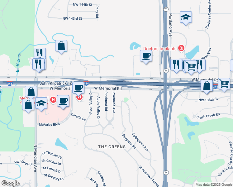 map of restaurants, bars, coffee shops, grocery stores, and more near 13608 Inverness Avenue in Oklahoma City