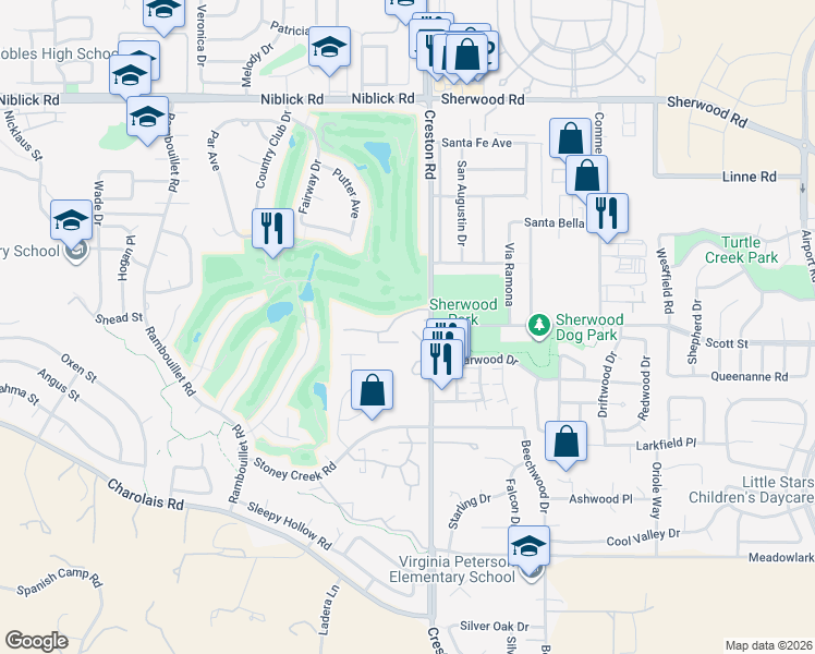 map of restaurants, bars, coffee shops, grocery stores, and more near 21 Green Court in Paso Robles
