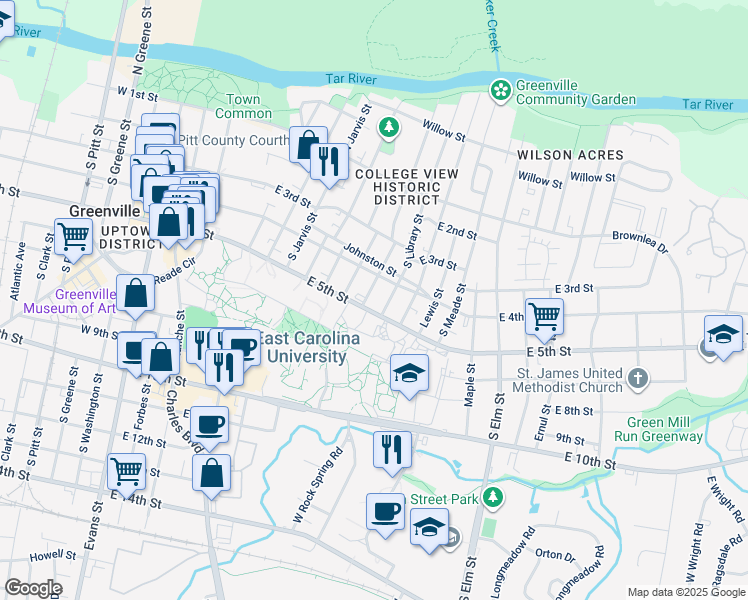 map of restaurants, bars, coffee shops, grocery stores, and more near 411 South Harding Street in Greenville