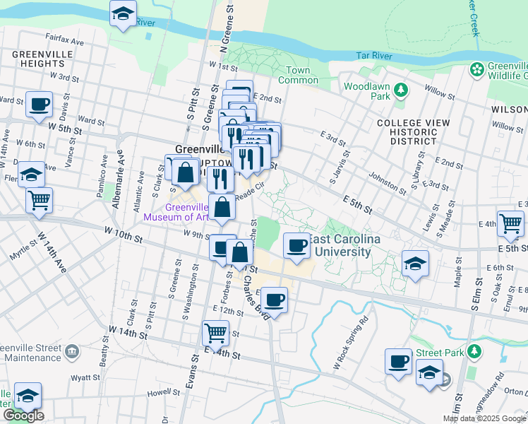 map of restaurants, bars, coffee shops, grocery stores, and more near 635 Cotanche Street in Greenville