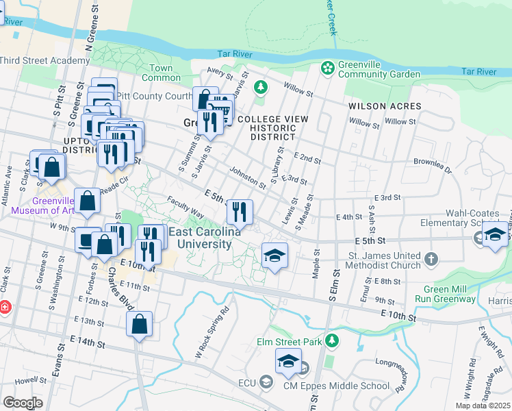 map of restaurants, bars, coffee shops, grocery stores, and more near 408 South Library Street in Greenville