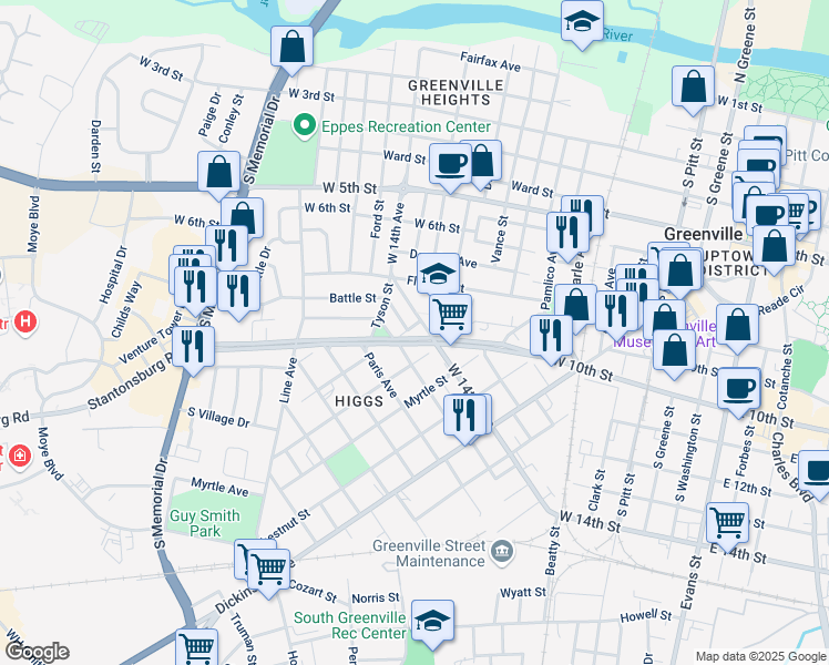 map of restaurants, bars, coffee shops, grocery stores, and more near 1415 West 14th Avenue in Greenville