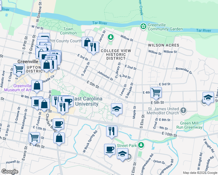 map of restaurants, bars, coffee shops, grocery stores, and more near 408 South Library Street in Greenville