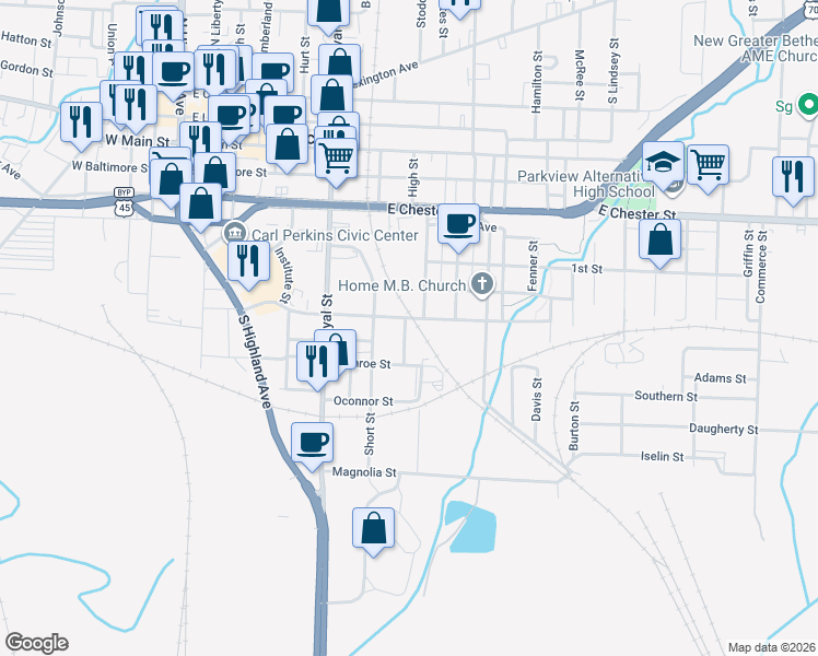 map of restaurants, bars, coffee shops, grocery stores, and more near 532 Doctor Martin Luther King Junior Drive in Jackson