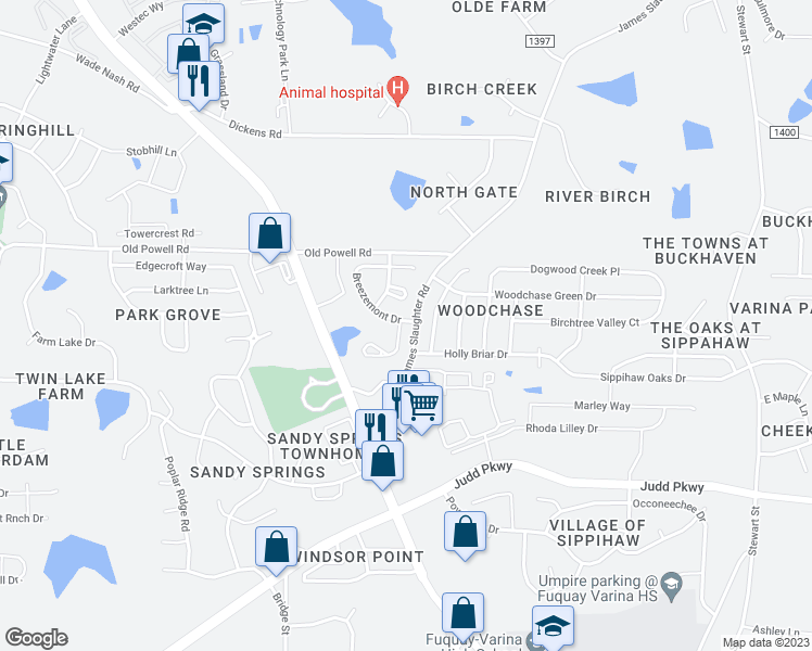 map of restaurants, bars, coffee shops, grocery stores, and more near 1894 Landstrom Lane in Fuquay Varina