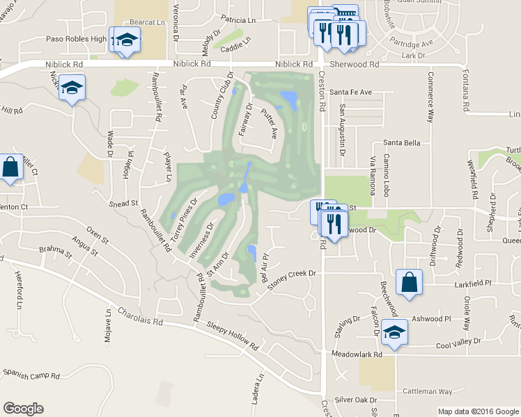 map of restaurants, bars, coffee shops, grocery stores, and more near 128 Flag Way in Paso Robles