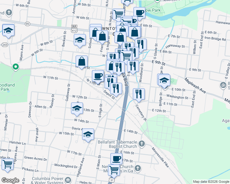 map of restaurants, bars, coffee shops, grocery stores, and more near 111 West 11th Street in Columbia