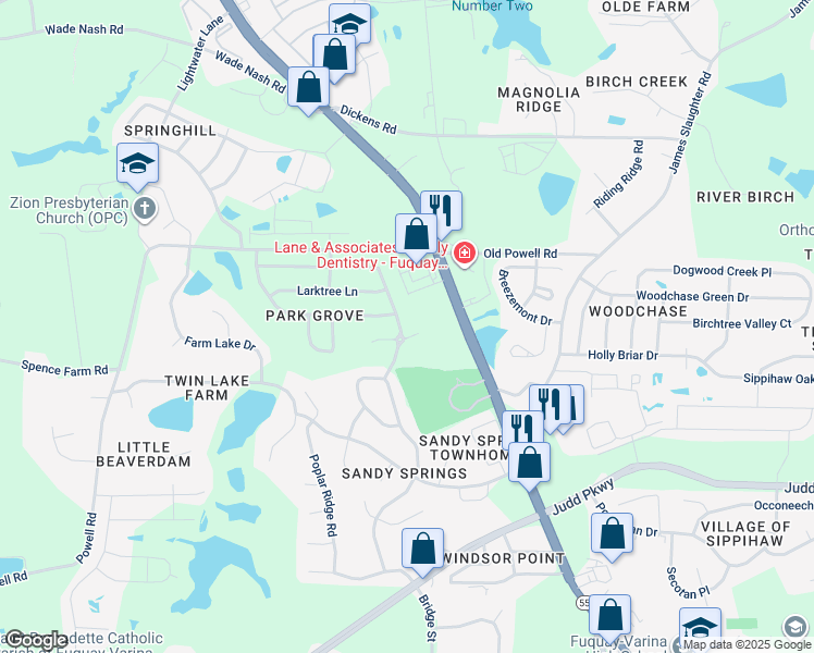 map of restaurants, bars, coffee shops, grocery stores, and more near 1804 Devonridge Drive in Fuquay-Varina