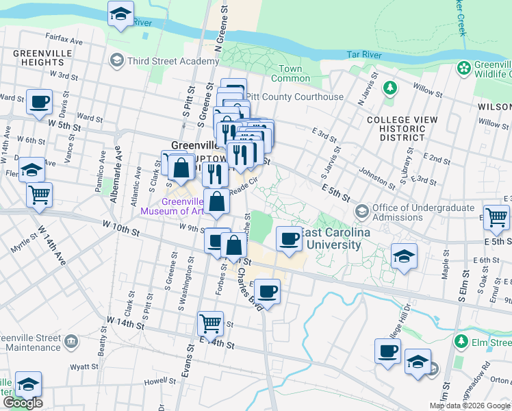 map of restaurants, bars, coffee shops, grocery stores, and more near 635 Cotanche Street in Greenville