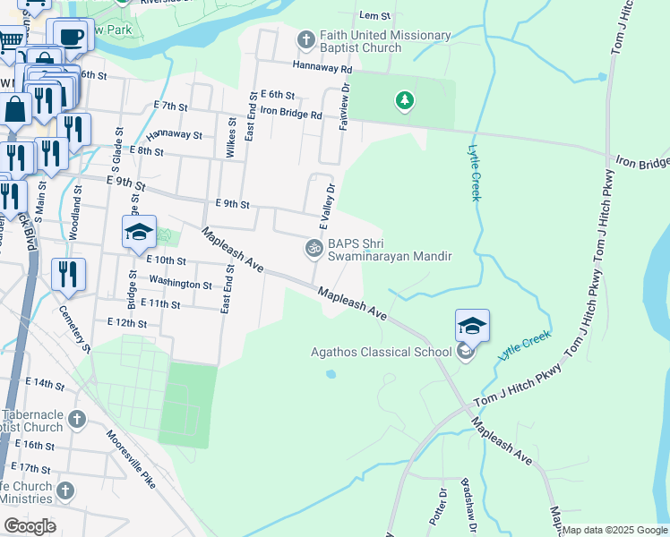 map of restaurants, bars, coffee shops, grocery stores, and more near 1025 East Valley Drive in Columbia