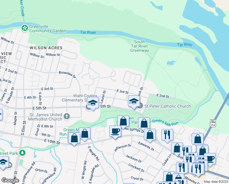 map of restaurants, bars, coffee shops, grocery stores, and more near 2410 East 3rd Street in Greenville