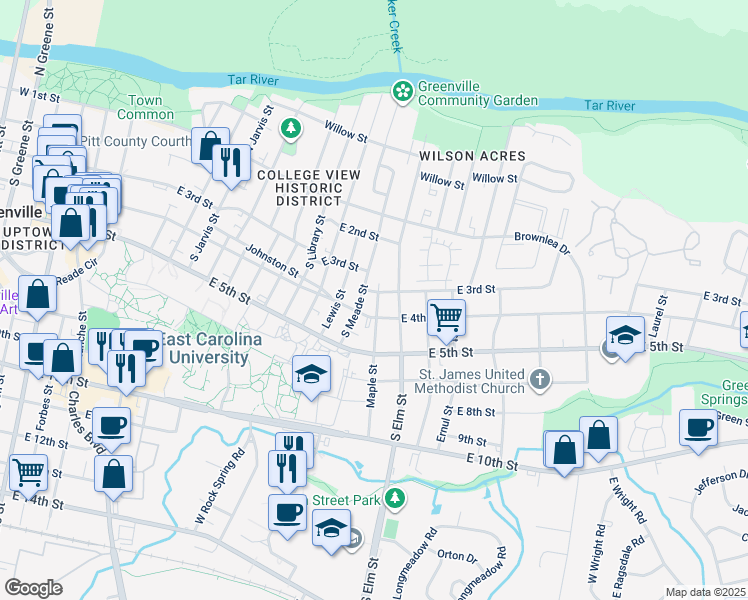 map of restaurants, bars, coffee shops, grocery stores, and more near 302 Maple Street in Greenville