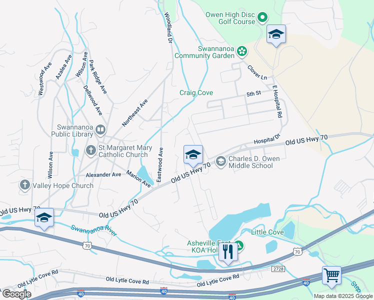 map of restaurants, bars, coffee shops, grocery stores, and more near 115 Scenic View Drive in Swannanoa