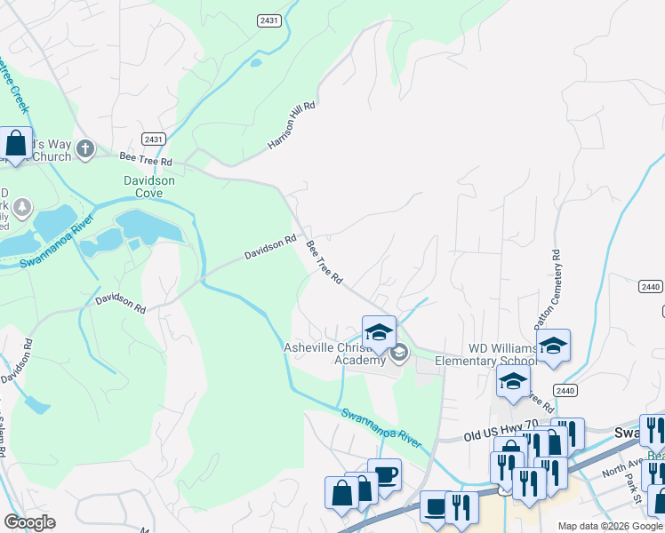 map of restaurants, bars, coffee shops, grocery stores, and more near 379 Bee Tree Road in Swannanoa