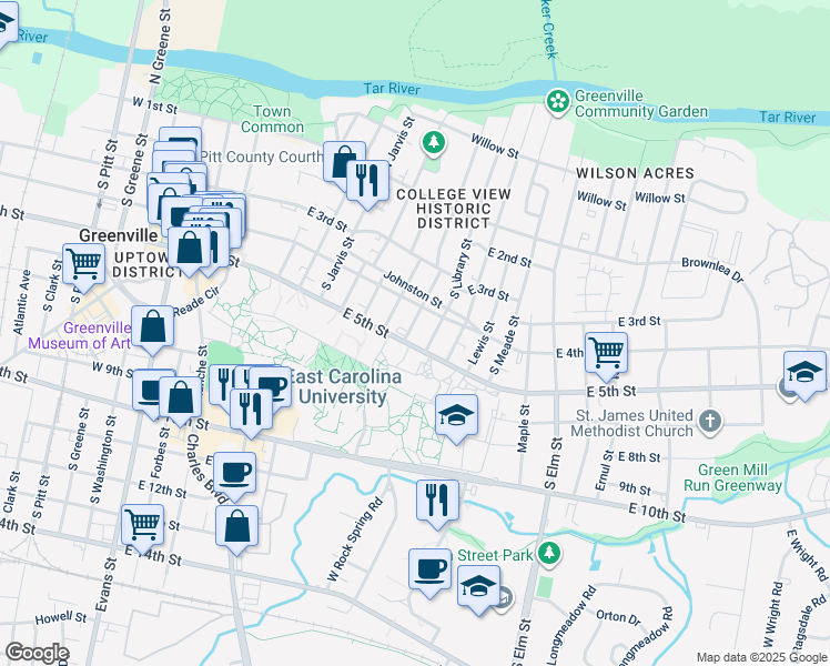 map of restaurants, bars, coffee shops, grocery stores, and more near 411 South Harding Street in Greenville