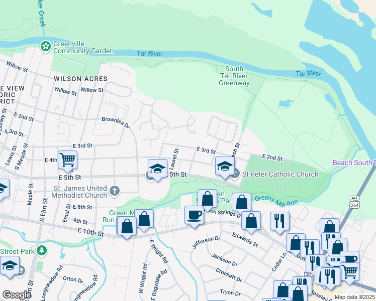 map of restaurants, bars, coffee shops, grocery stores, and more near 2406 East 3rd Street in Greenville