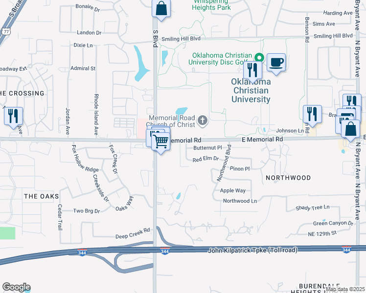 map of restaurants, bars, coffee shops, grocery stores, and more near 13621 Pin Oak in Edmond
