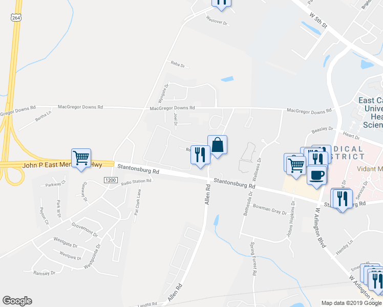 map of restaurants, bars, coffee shops, grocery stores, and more near 2907 Rock Port Drive in Greenville