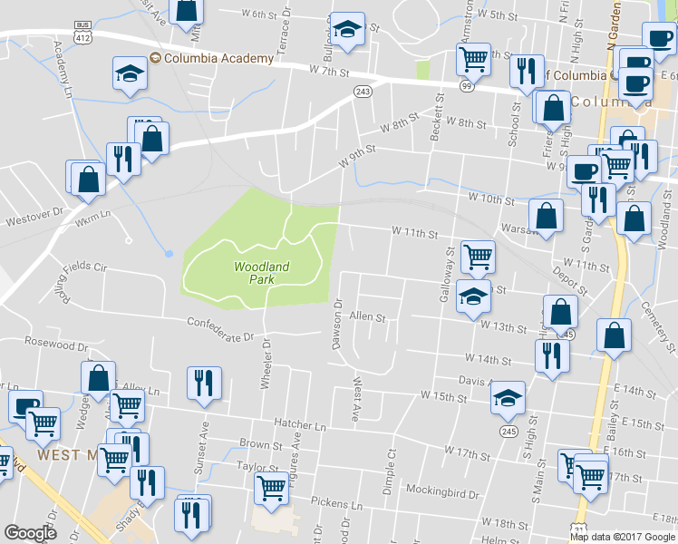 map of restaurants, bars, coffee shops, grocery stores, and more near 102 Dawson Drive in Columbia