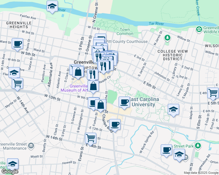 map of restaurants, bars, coffee shops, grocery stores, and more near 635 Cotanche Street in Greenville