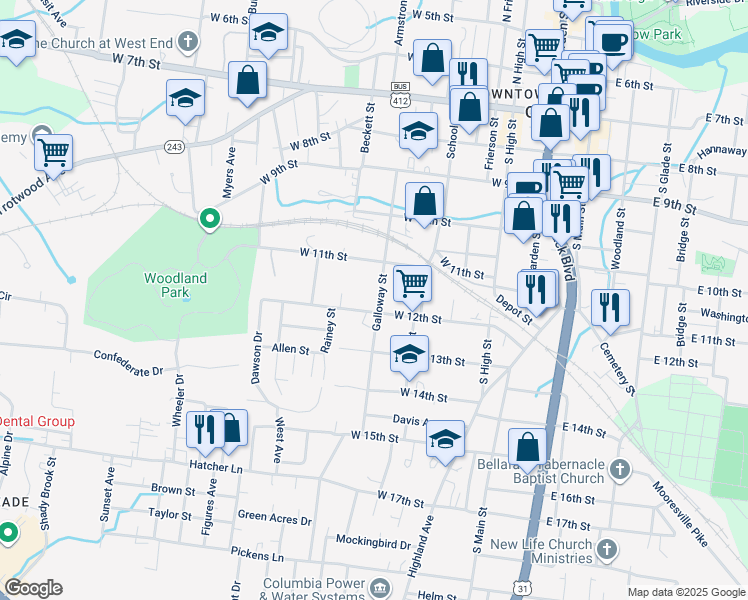 map of restaurants, bars, coffee shops, grocery stores, and more near 1218 Galloway Street in Columbia